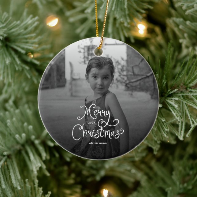 Merry Christmas Whimsical Script custom Photo Dog Ceramic Tree Decoration (Tree)