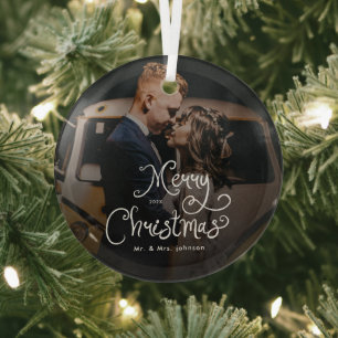 Merry Christmas Whimsical Script Custom Photo Glass Tree Decoration