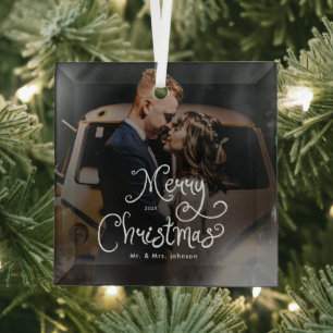 Merry Christmas Whimsical Script Custom Photo Glass Tree Decoration