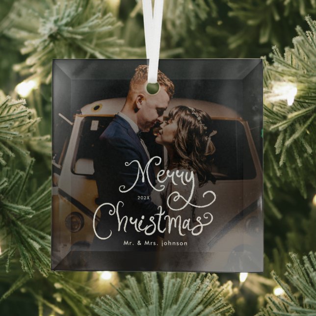 Merry Christmas Whimsical Script  Custom Photo  Glass Tree Decoration (Insitu)
