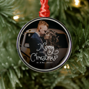 Merry Christmas Whimsical Script Custom Photo Metal Tree Decoration