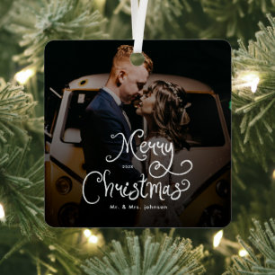 Merry Christmas Whimsical Script Custom Photo Metal Tree Decoration