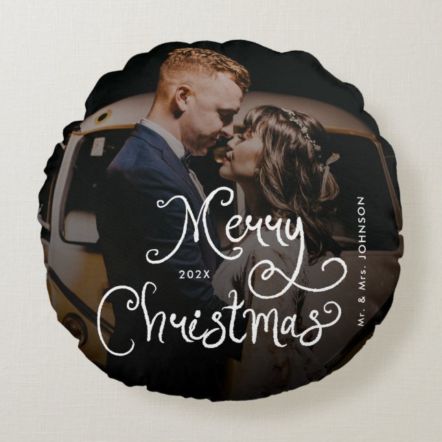 Merry Christmas Whimsical Script  Custom Photo  Round Cushion (Front)