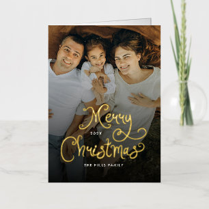 Merry Christmas Whimsical Script Family 12 Photos Foil Greeting Card