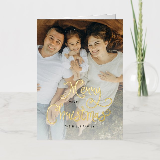 Merry Christmas Whimsical Script Family 12 Photos Foil Greeting Card (Front)