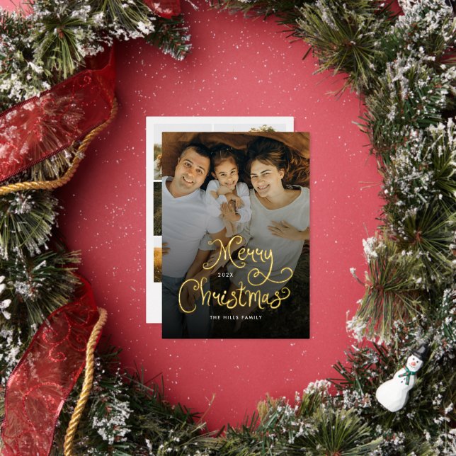 Merry Christmas Whimsical Script  Family 7 Photos Foil Holiday Card (Insitu)