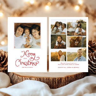 Merry Christmas Whimsical Script Family 7 Photos Holiday Card
