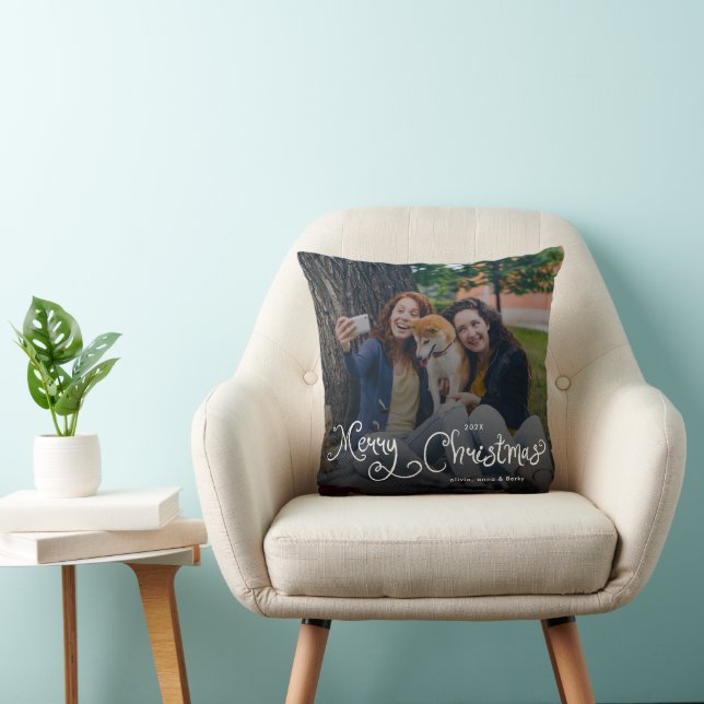 Merry Christmas Whimsical Script Family Photo Dog Cushion (Chair)