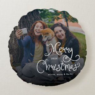 Merry Christmas Whimsical Script Family Photo Dog Round Cushion