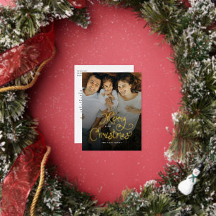 Merry Christmas Whimsical Script  Family  Photo Foil Holiday Postcard