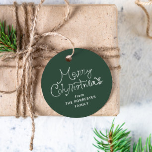 Merry Christmas whimsical script green gift tag