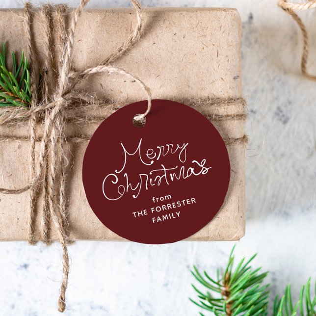 Merry Christmas whimsical script maroon gift tag (Creator Uploaded)