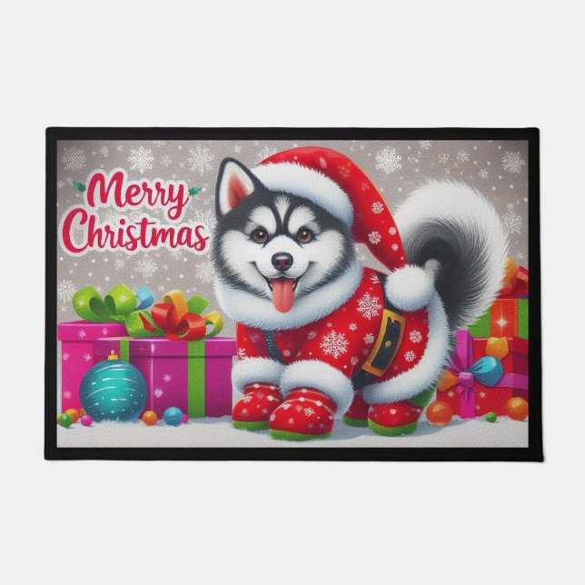 Merry Christmas Whimsical Siberian Husky Dog Xmas Doormat (Front)