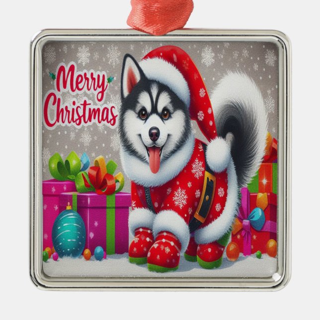 Merry Christmas Whimsical Siberian Husky Dog Xmas Metal Tree Decoration (Front)