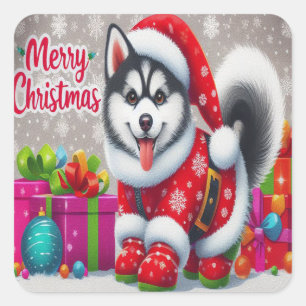 Merry Christmas Whimsical Siberian Husky Dog Xmas Square Sticker