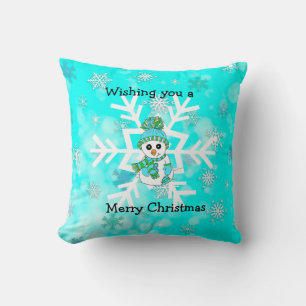 Merry Christmas Whimsical Snowman and Snowflake Cushion