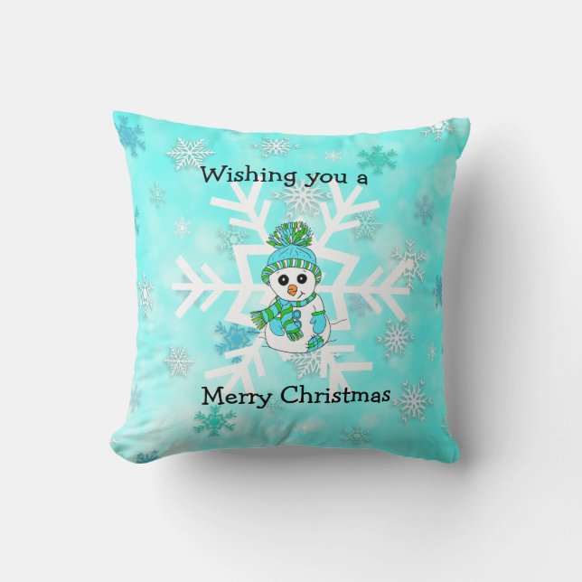 Merry Christmas Whimsical Snowman and Snowflake Cushion (Front)