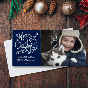 Merry Christmas Whimsical Swirl Typography Photo Holiday Card