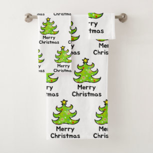 Merry Christmas Whimsical Tree Design Bath Towel Set