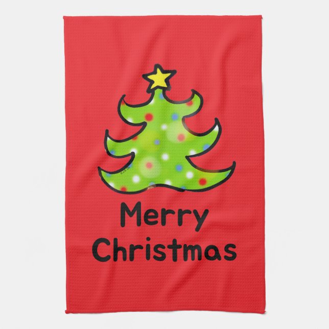 Merry Christmas Whimsical Tree Design Tea Towel (Vertical)