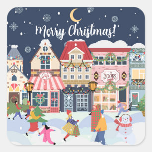 Merry Christmas Whimsy Winter Town Personalise Square Sticker