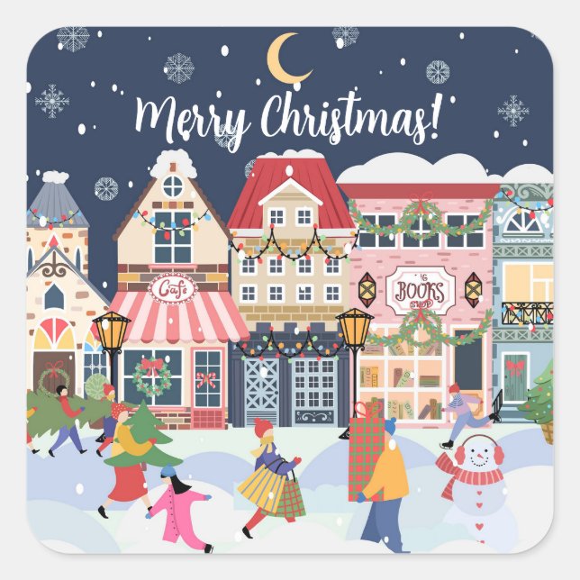 Merry Christmas Whimsy Winter Town Personalise Square Sticker (Front)
