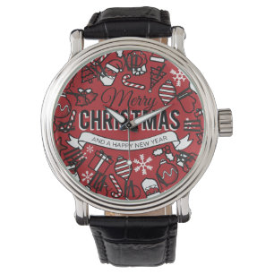 Merry Christmas White and Red Characters Pattern Watch