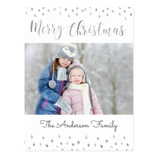 Merry Christmas White and Silver Foil Stars Photo Postcard