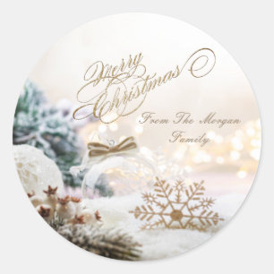 Merry Christmas White Balls Snowflakes  Classic Round Sticker