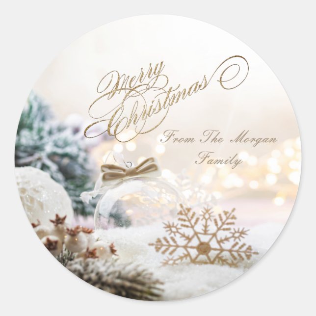 Merry Christmas White Balls Snowflakes  Classic Round Sticker (Front)