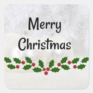 Merry Christmas, white baubles background, Square Sticker