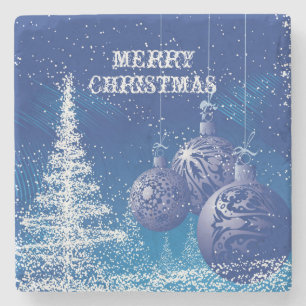 Merry Christmas White & Blue Christmas Trees Stone Coaster