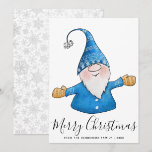 Merry Christmas White Blue Yellow Cute Gnome Holiday Card