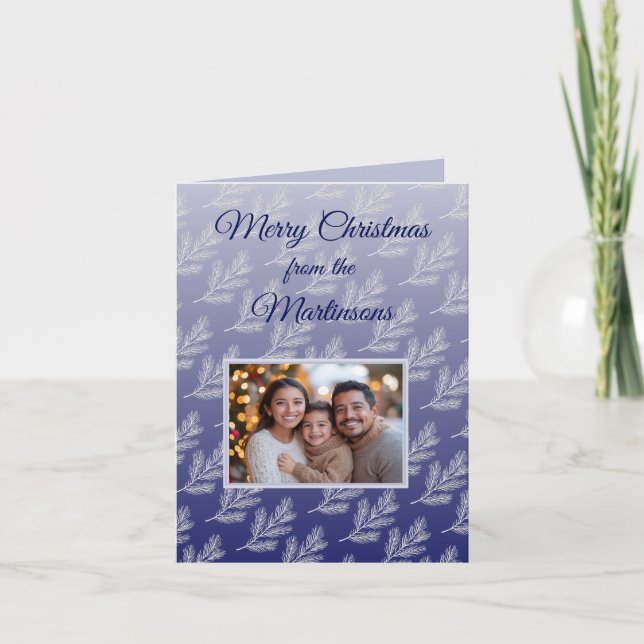 Merry Christmas White Branches Blue Photo  Holiday Card (Front)