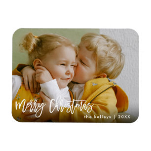 Merry Christmas White Brush Script Photo Holiday Magnet