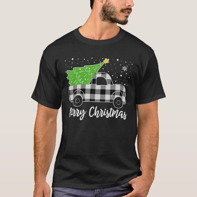 Merry Christmas White Buffalo Plaid Truck Tree T-Shirt (Front)