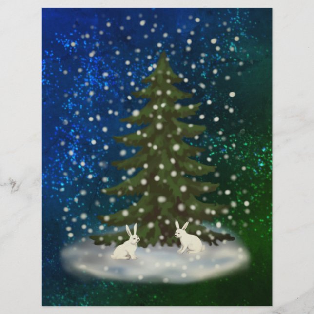 Merry Christmas white bunnies under a spruce  Custom Letterhead (Front)