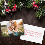 merry christmas white calligraphy family photo    card<br><div class="desc">elegant stylish merry christmas modern white calligraphy holiday family photo note card, custom
you can change the font colour and style.
two sided card, on the back side holiday message.</div>