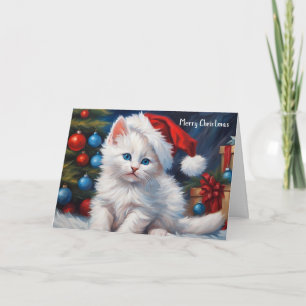 Merry Christmas White Cat and Christmas Tree  Card