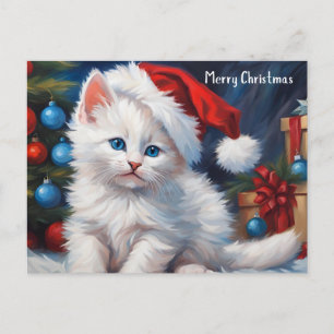 Merry Christmas White Cat and Christmas Tree  Holiday Postcard