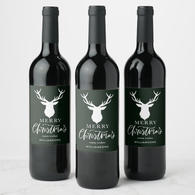Merry Christmas White Deer Customised Dark Green Wine Label (Bottles)
