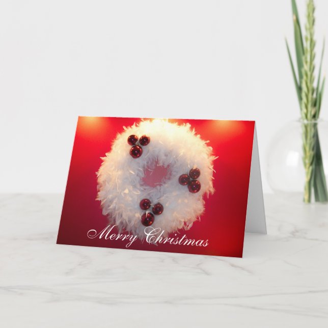 Merry Christmas White Feather Wreath Fancy Elegant Holiday Card (Front)