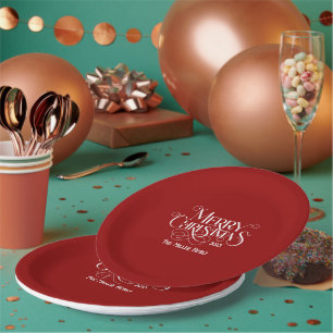 Merry Christmas White Festive Retro Typography Paper Plate
