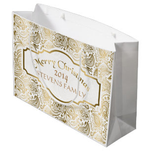 Merry Christmas-White & Gold Floral Paisley Lace 2 Large Gift Bag