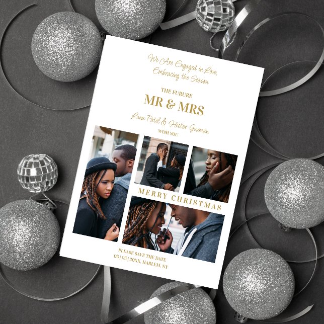 Merry Christmas White & Gold Simple 4 Multi Photos Holiday Card (Merry Christmas White & Fake Gold Simple Classic 4 Multi Photos Collage Save the Date Card Holiday.)