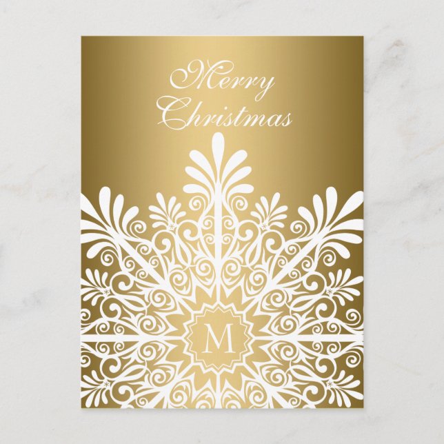 Merry Christmas- White & Gold Snowflake Holiday Postcard (Front)