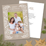Merry Christmas White Greenery Message Photo Holiday Card<br><div class="desc">This light tan Christmas greeting card features an elegant white winter greenery border than frames the vertical photo. The back side offers custom text for your personal message.</div>