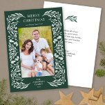 Merry Christmas White Greenery Message Photo Holiday Card<br><div class="desc">This dark green Christmas card features an elegant white winter greenery border than frames the vertical photo. The back side offers custom text for your personal message.</div>