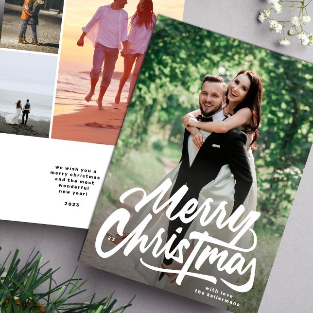 Merry Christmas White Hand written photo collage Holiday Card (Creator Uploaded)