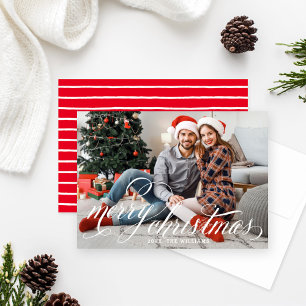 Merry Christmas White Handwritten Script Photo Holiday Card